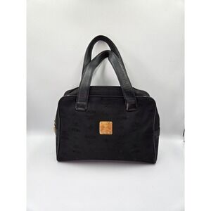 MCM Satchel Handbag Top Handle Designer Logo Print Black Small